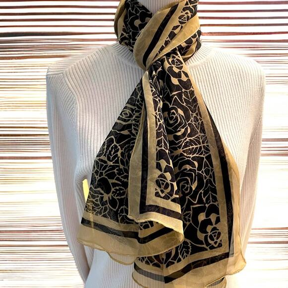 Vintage Floral Scarf Black Tan Wrap Retro Mid Century Mod Lightweight Oblong - Picture 2 of 6